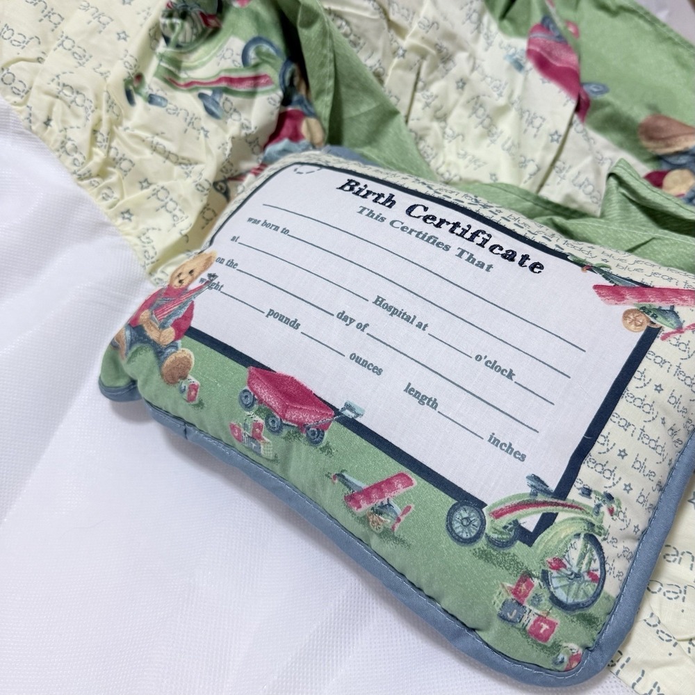 VTG NWOT Blue Jean Teddy Crib Skirt/Dust Ruffle & Birth Certificate Pillow